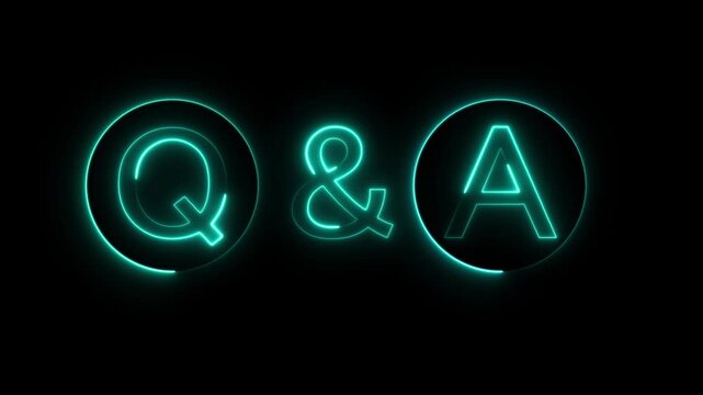 Bright purple neon q and a letters in circles for questions and answers sign on a dark black background