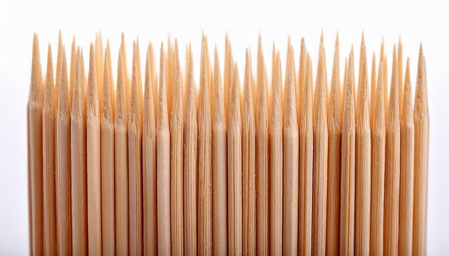 Many Wooden Toothpicks In A Row Isolated On White Background