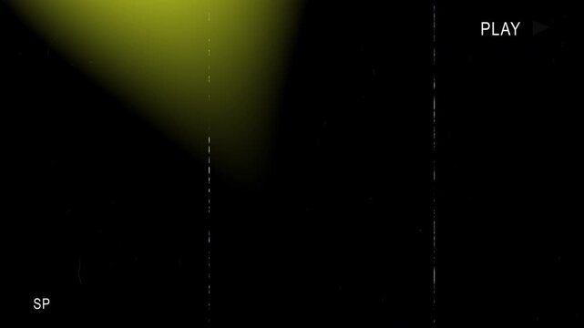 Retro VHS overlay with yellow light leaks and analog noise effects. Old video tape aesthetic with play and sp indicators for vintage film transitions and glitch backgrounds