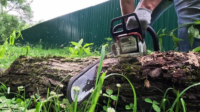 Worker cuts large log with chainsaw. Grass sprouts around sawn wood. Gloved hand grips saw firmly. Green fence lines background. Garden work scene captured. Natural setting, outdoor task