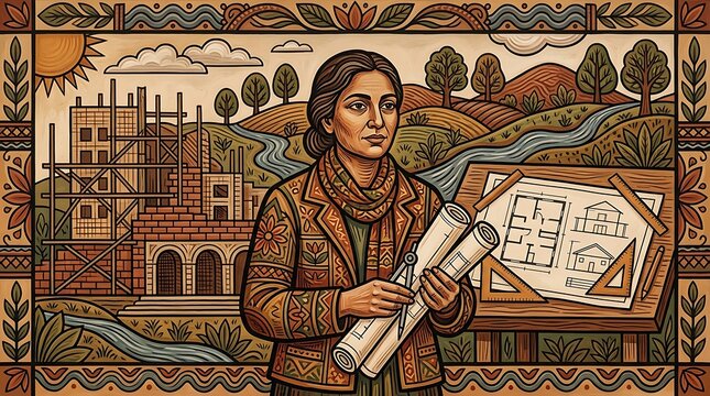 Female architect with blueprints at a building site in folk art style