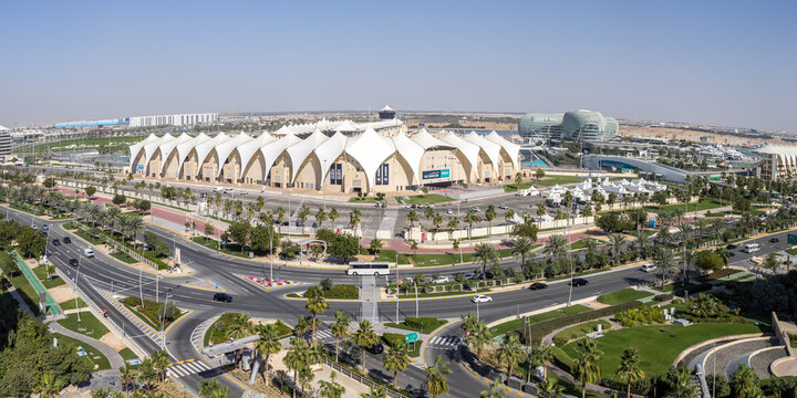 Yas Marina Circuit Formula 1 Grand Prix motorsport race track panorama in Abu Dhabi, United Arab Emirates