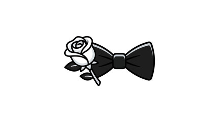 Fototapeta premium Boutonnieres consisting of a black bow tie and a white rose flower arranged together.