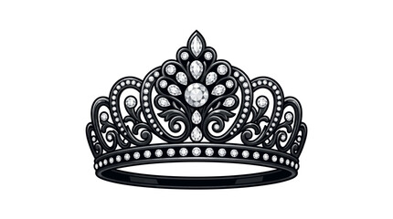Black tiara adorned with sparkling diamonds and intricate filigree details against a white background. © somat