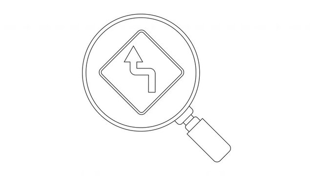 Magnifying Glass Over Road Sign Indicating Sharp Curves Ahead.