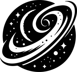 Stylized galaxy and crescent moon illustration cosmic swirl with stars and planets abstract space art for science and fantasy themes © Irhama Iqbal 