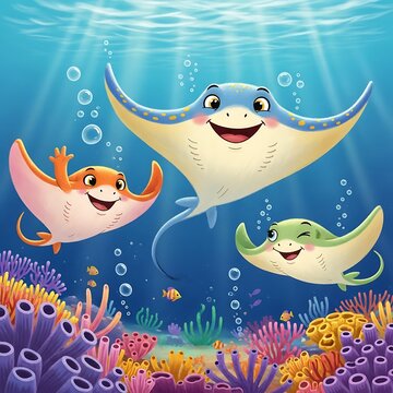 Colorful underwater scene with dolphins and fish.