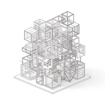 3D Wireframe Cube Structure - Abstract Architectural Modular Design