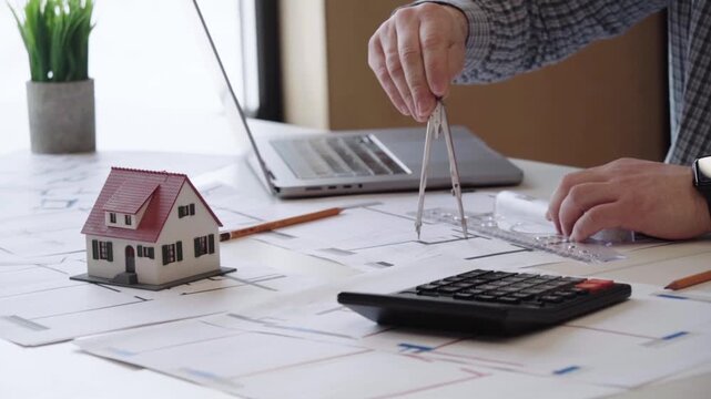 Hand measures house plans with compass and ruler. Calculator and laptop sit beside miniature house model. Desk holds blueprints, pencils, and small potted plant. Person appears focused