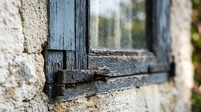 Weathered wooden window with rusty iron latch on stone wall