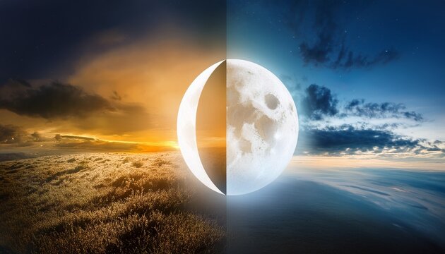 Surreal Half Sun Half Moon Over Misty Landscape Symbolizing Spring Equinox On Cloudy Dark Sky With Sunshine And Moonlight Nature And Spring Daytime And Nighttime Are Equal In Length