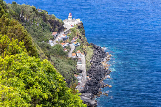 Azores view of Farol do Arnel lighthouse landscape nature on Sao Miguel island in Portugal