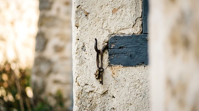 Old vintage keys hanging on a hook on a rustic stone wall