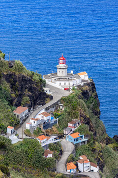 Azores view of Farol do Arnel lighthouse landscape nature on Sao Miguel island in Portugal