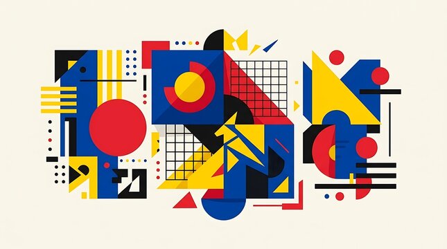 Abstract geometric composition with bold primary colors and shapes