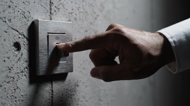 Hand pressing a light switch in a modern indoor space