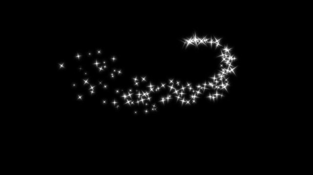 Luxury glitter sparkle star trail, twinkling white fairy dust, glowing particle circle, shimmering stardust spiral, magic light bokeh effects, star motion burst, 4k black screen background overlay.