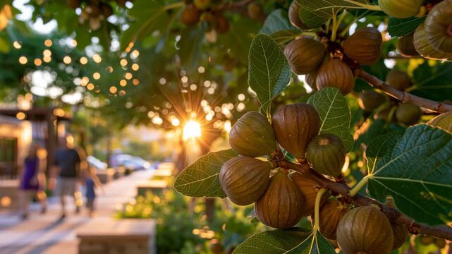Ripe figs growing abundantly on a fig tree beside an urban street, illuminated by warm sunlight with lush green leaves and a softly blurred town background.