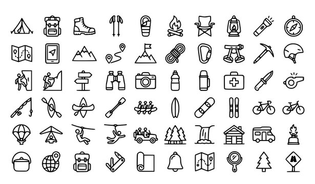 Adventure and Outdoor Camping Line Icon Set Editable Stroke Vector Collection