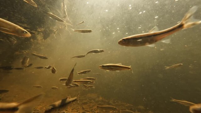 Underwater camera footage captures a group of creek chubs (Semotilus atromaculatus) swimming together along the bottom of a well-aerated freshwater stream.