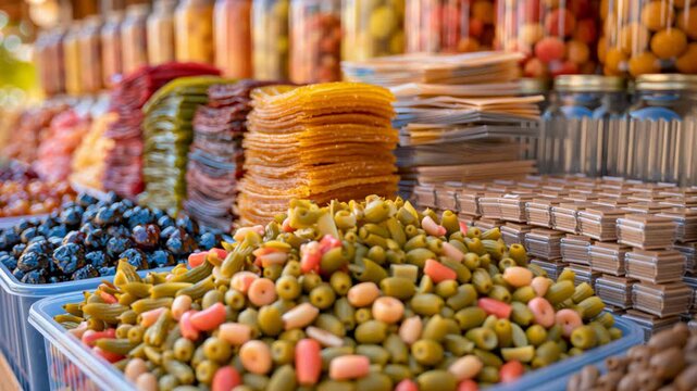 Traditional Persian market stall displaying colorful Iranian snacks and dried fruits, including layered saffron sweets, dried berries, nuts, and assorted delicacies arranged in abundance, creating a w