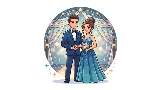 Couple stands elegantly together in formal evening attire posing for a commemorative portrait against a backdrop of shimmering curtains and decorative fairy lights.