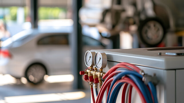 Automotive Repair Service: Pressure Gauges and Hoses in a Car Workshop with Vehicles on Lifts, Focused on Maintenance and Diagnostics
