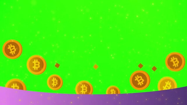 Bitcoin coins float over a green screen background with a purple base.