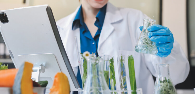 Scientists in lab coats work with plants in a modern lab, focusing on research and experimentation under bright, sterile conditions.