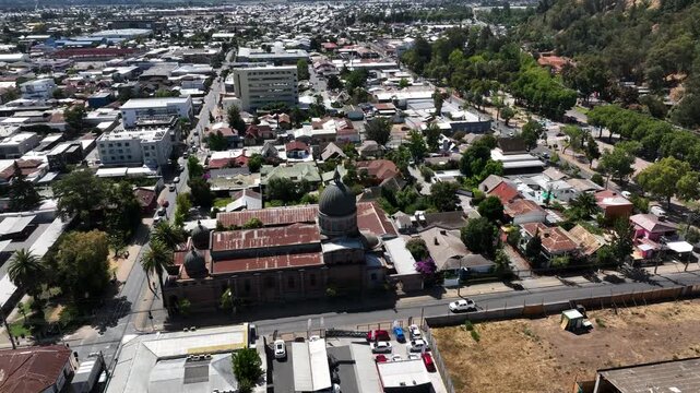 Aerial Drone View of Historic Curic&oacute; City Center with San Francisco Church Chile