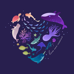 Cute colorful marine life illustration arranged in a heart shape, featuring a whale, octopus, shark, narwhal, sea turtle, fish and other ocean animals on a dark purple background. © Katy Kai Art
