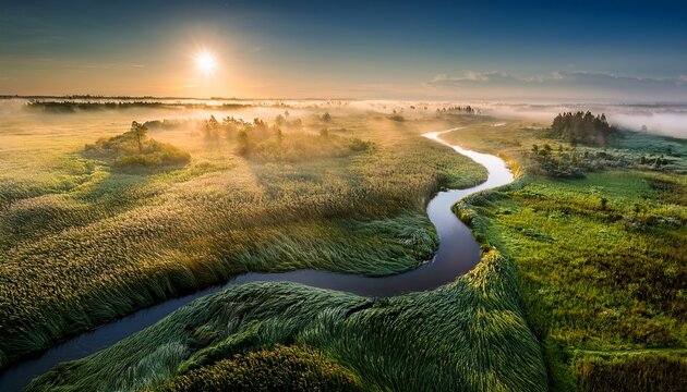 Crio Brumoso Que Serpentea A Traves De Exuberantes Humedales Verdes Al Amanecer Fotografia Hiperrealista