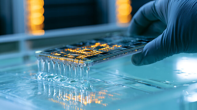Gloved Hand Submerges and Removes Electronic Component from Liquid, Showcasing Innovative Cooling or Cleaning Technology in Research Lab
