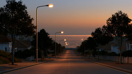 Fototapeta premium Coastal residential street at dusk with glowing streetlights leading toward the tranquil sea under a warm, colorful sky as night approaches