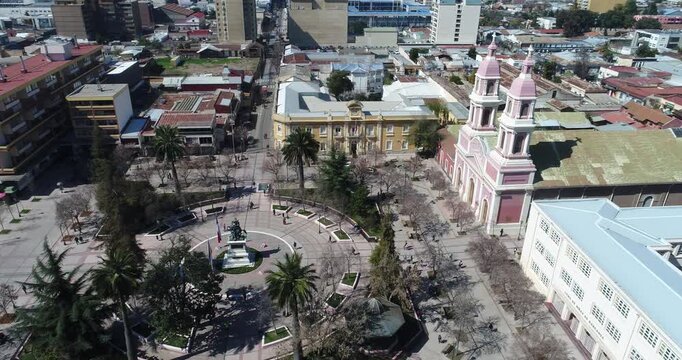 Aerial view of central plaza with church and colonial buildings in Chilean city Rancsgua