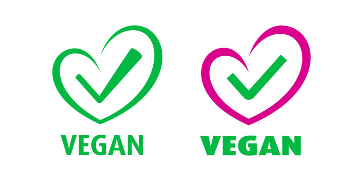 Vegan friendly icon of heart with check mark for cruelty free not tested on animals product badge. Cruelty-free vegan logo label for vegan friendly