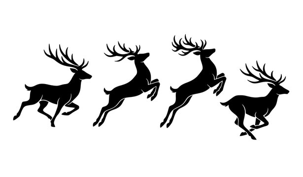 Leaping deer silhouette vector set with running stags in dynamic action poses for sports logo