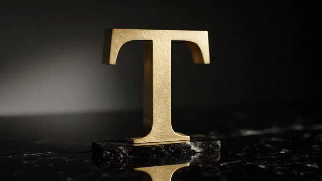 Large golden letter T on black marble base