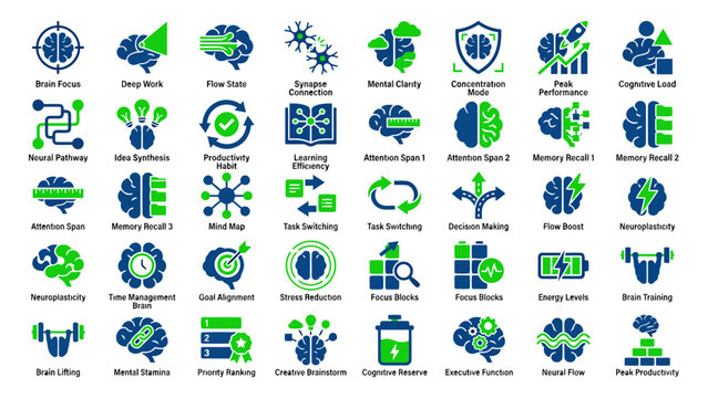 Collection of teal and blue flat brain function icons on black