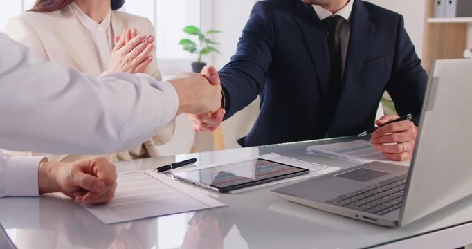 Successful happy business people group approval applauding working with laptop at office desk, admire and agree project analysis, analyzing cloud data statistics, positive work result enjoyment