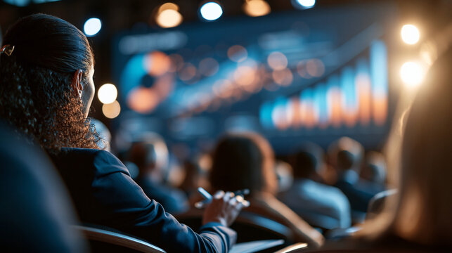 Conference stage with a large presentation screen of colourful charts facing an audience shown as blurred silhouettes from behind bright hall lighting clean modern interior