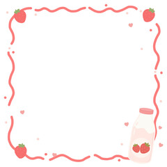 Obraz premium Cute Strawberry Milk Border Frame with Strawberries and Pink Milk Bottle