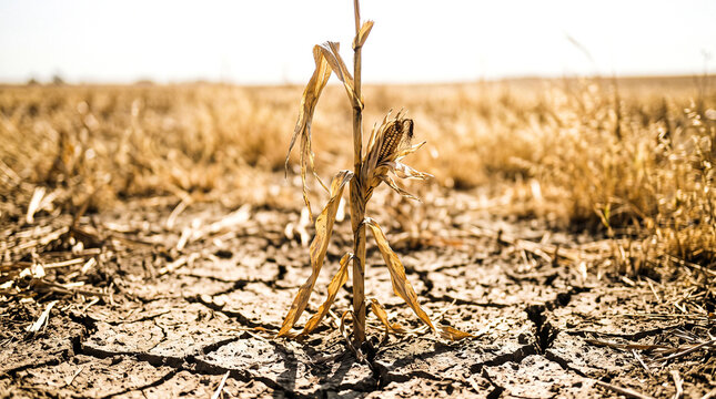 Droughtstricken corn stalk in a dry, cracked field