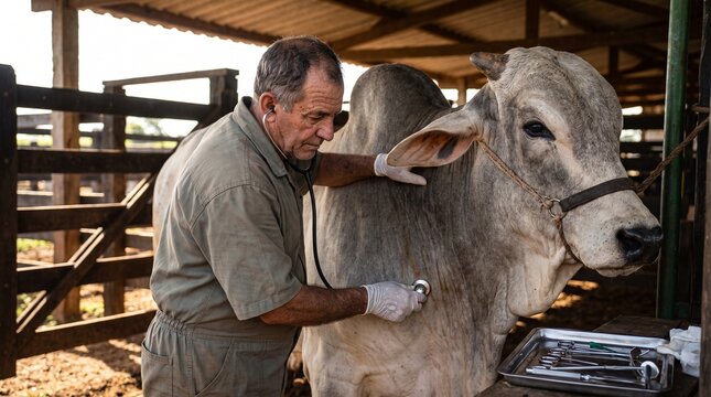 Veterinarian examining a healthy cow with a stethoscope on a livestock farm, checking animal health, veterinary care, and rural agriculture.