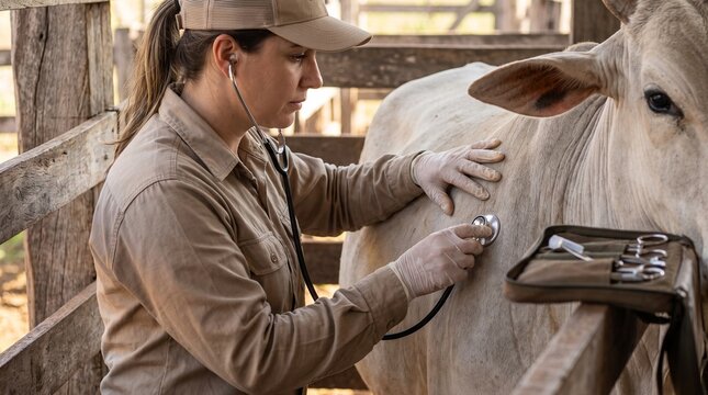 Veterinarian examining a healthy cow with a stethoscope on a livestock farm, checking animal health, veterinary care, and rural agriculture.