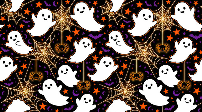 Halloween seamless pattern with cute ghosts and spider webs. Spooky holiday background with cartoon spirits, stars, and bats. isolated PNG with Transparent Background Halloween