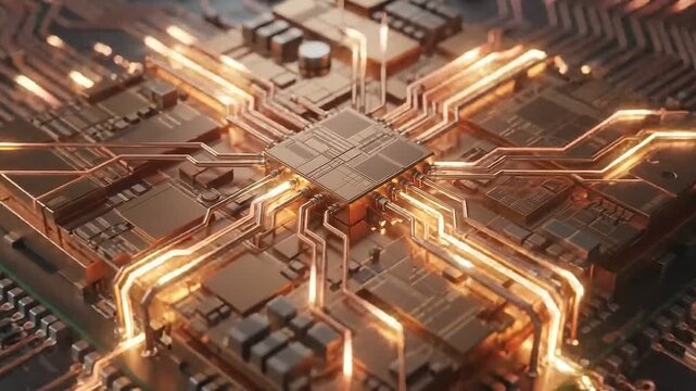 Powerful CPU Microchip Processing Digital Data with Glowing Orange Light Pulses on Motherboard Circuitry, 3D Animation Close-up