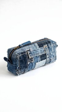 Small denim handbag or pouch made of repurposed patchwork blue jean fabric with patchwork accessory material recycled handmade