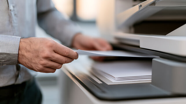 Close-up of a person's hands as they feed white paper into an office printer or copier, illustrating business processes and workflow