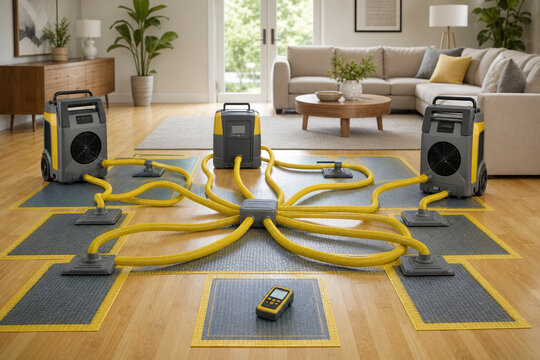 Industrial air movers, dehumidifiers, hoses, and drying mats arranged on a hardwood floor for home water damage restoration.